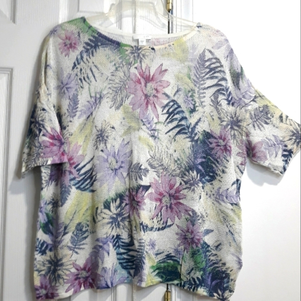 J.Jill Linen Blend Floral short Sleeve Knit White Purple Cropped Top Size XL